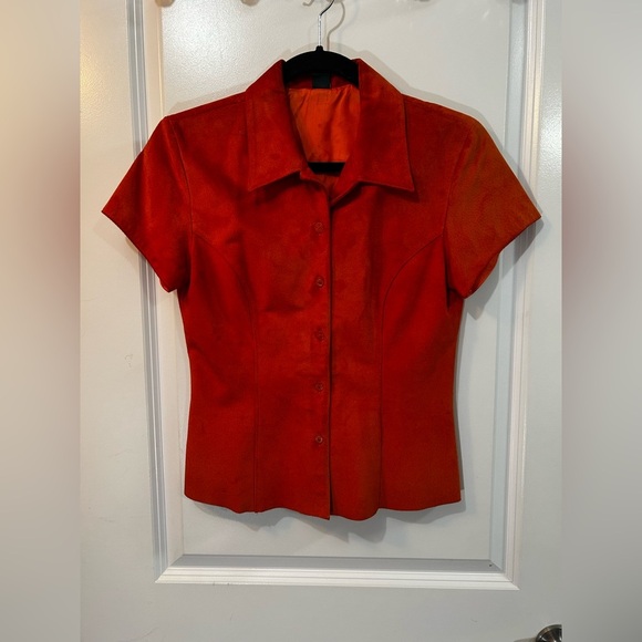 DANIER Leather Orange Suede Button Up Short Sleeve Shirt Sz Small - Picture 1 of 12